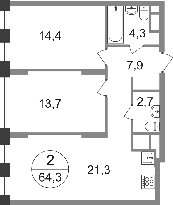 2 комн. квартира, 64.3 м², 5 этаж  (из 17)