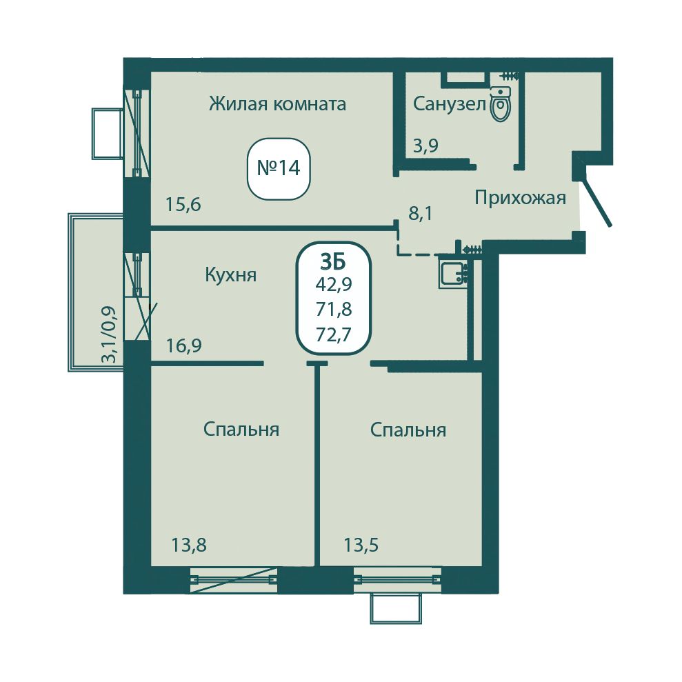 3 комн. квартира, 72.7 м², 13 этаж 