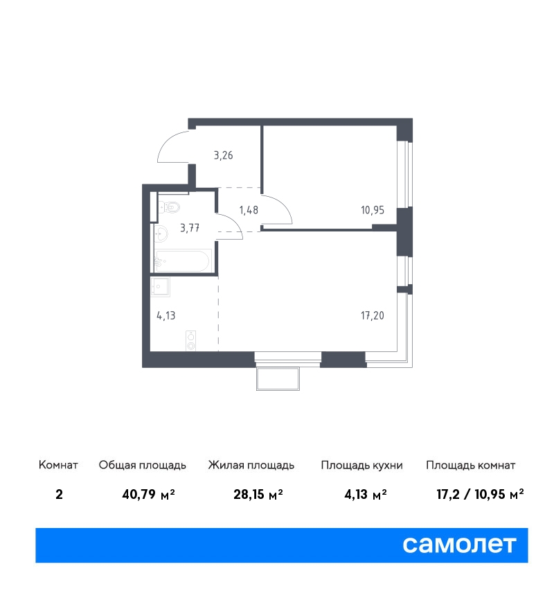 1 комн. квартира, 40.8 м², 12 этаж  (из 12)