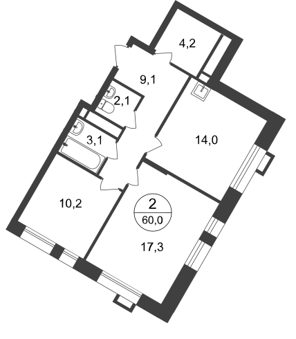 2 комн. квартира, 60 м², 18 этаж  (из 20)