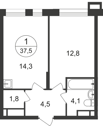 1 комн. квартира, 37.5 м², 20 этаж  (из 21)