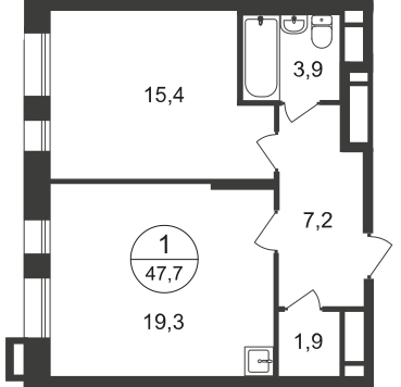 1 комн. квартира, 47.7 м², 21 этаж  (из 21)