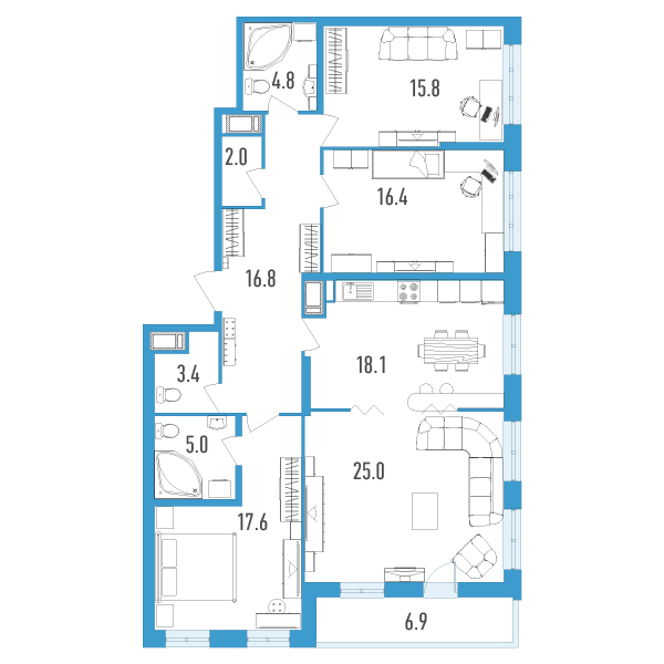 4 комн. квартира, 128.4 м², 6 этаж 