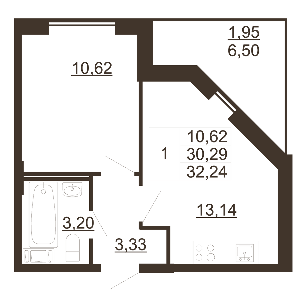 1 комн. квартира, 32.2 м², 11 этаж 