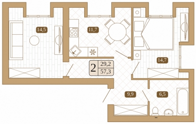 2 комн. квартира, 57.3 м², 3 этаж 