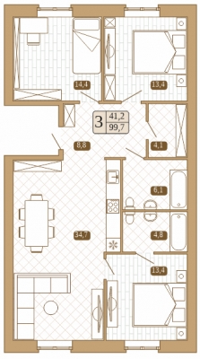 3 комн. квартира, 99.7 м², 1 этаж 