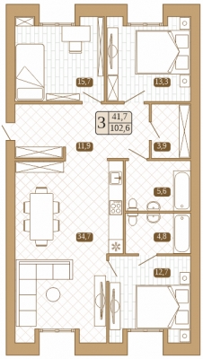 3 комн. квартира, 102.6 м², 3 этаж 