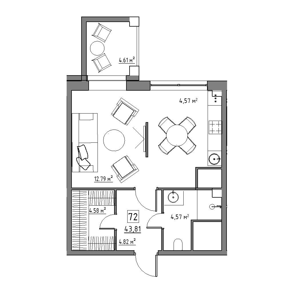 1 комн. квартира, 43.8 м², 5 этаж 