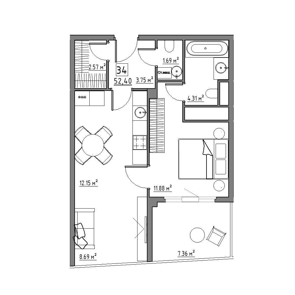 1 комн. квартира, 52.4 м², 2 этаж 