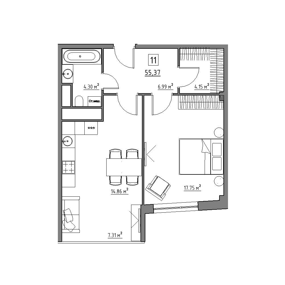 1 комн. квартира, 55.4 м², 1 этаж 