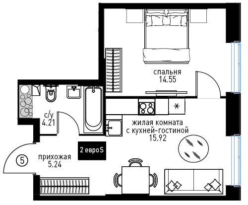 2 комн. квартира, 39.9 м², 28 этаж 