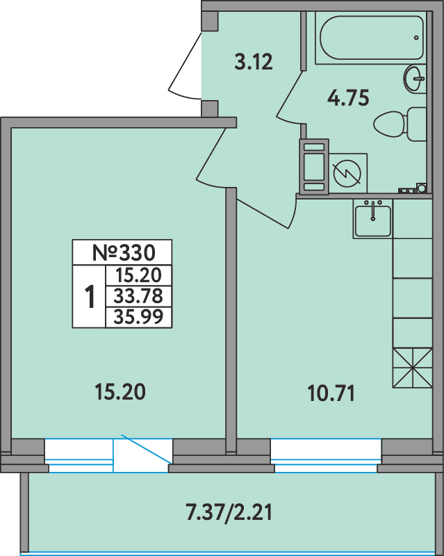 1 комн. квартира, 36 м², 12 этаж 