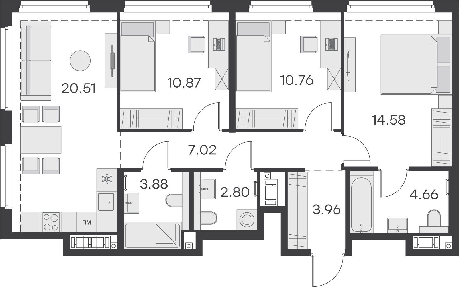 2 комн. квартира, 79 м², 14 этаж 