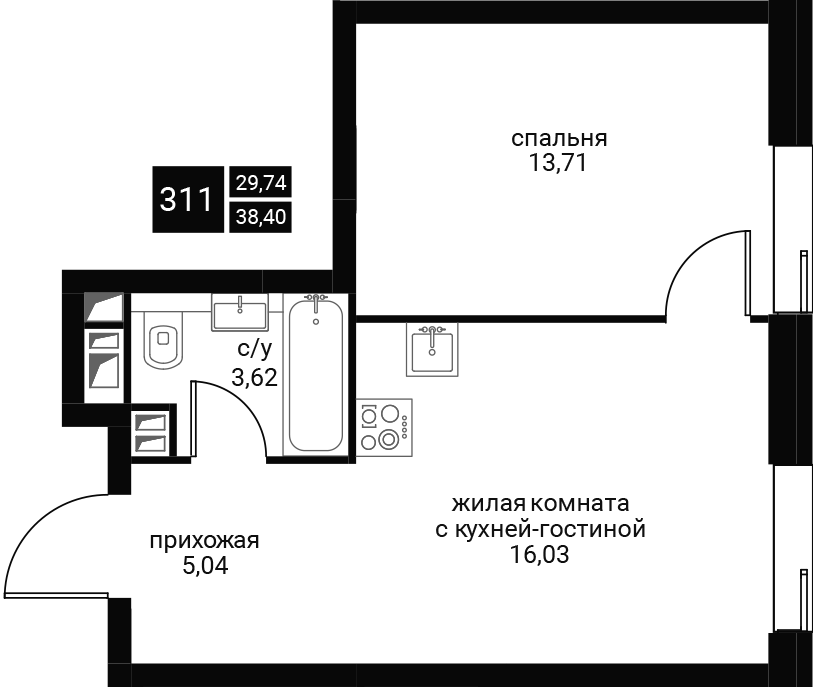 2 комн. квартира, 40 м², 25 этаж 