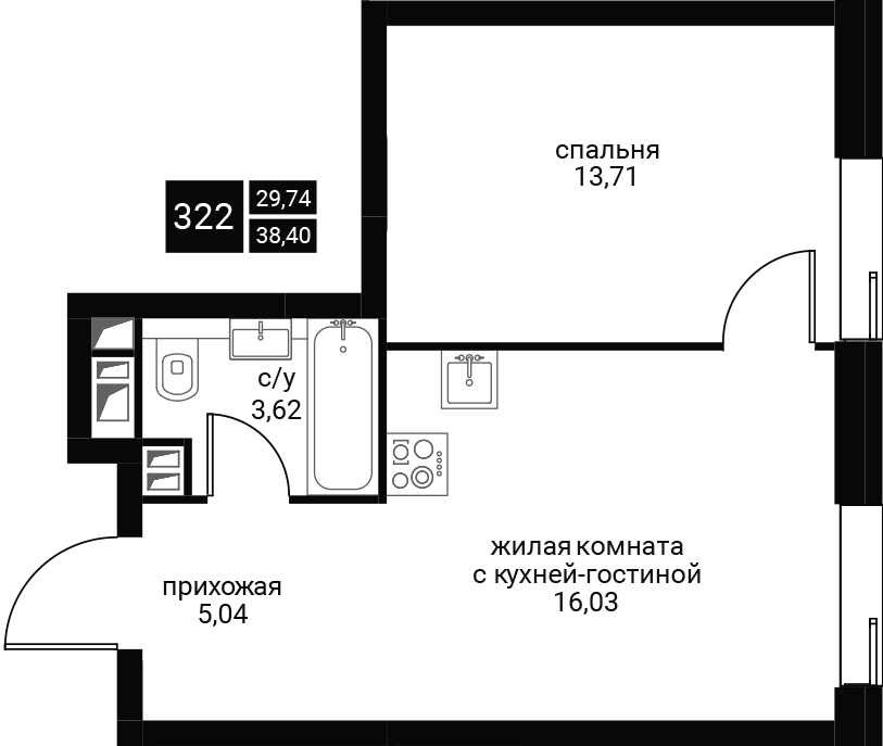 2 комн. квартира, 40 м², 26 этаж 