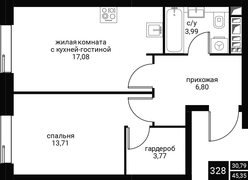 2 комн. квартира, 47.2 м², 27 этаж 