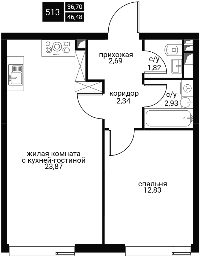 2 комн. квартира, 48 м², 18 этаж 