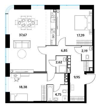 3 комн. квартира, 99.8 м², 23 этаж 