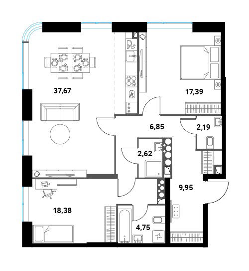 3 комн. квартира, 99.8 м², 24 этаж 