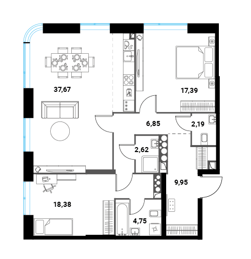 3 комн. квартира, 99.8 м², 25 этаж 