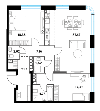 3 комн. квартира, 99.2 м², 18 этаж 