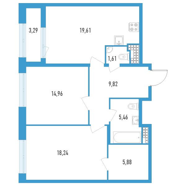 1 комн. квартира, 77.2 м², 13 этаж 
