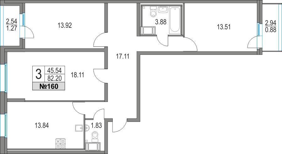 3 комн. квартира, 82.2 м², 3 этаж 