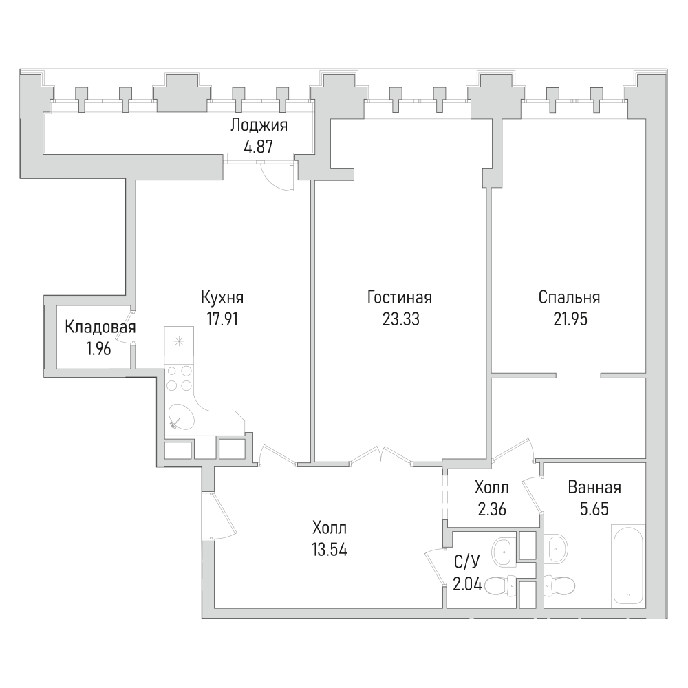 2 комн. квартира, 105.1 м², 9 этаж 