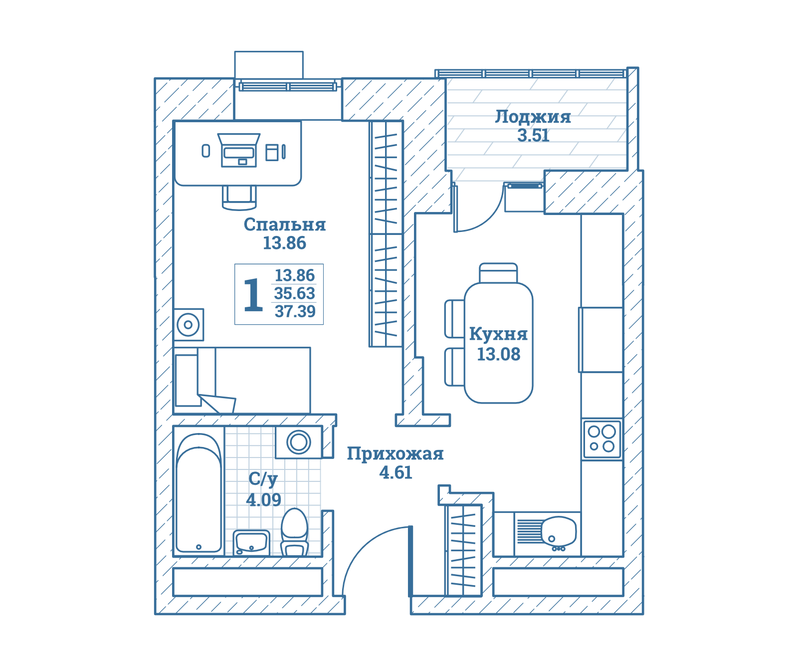 1 комн. квартира, 37.4 м², 7 этаж 