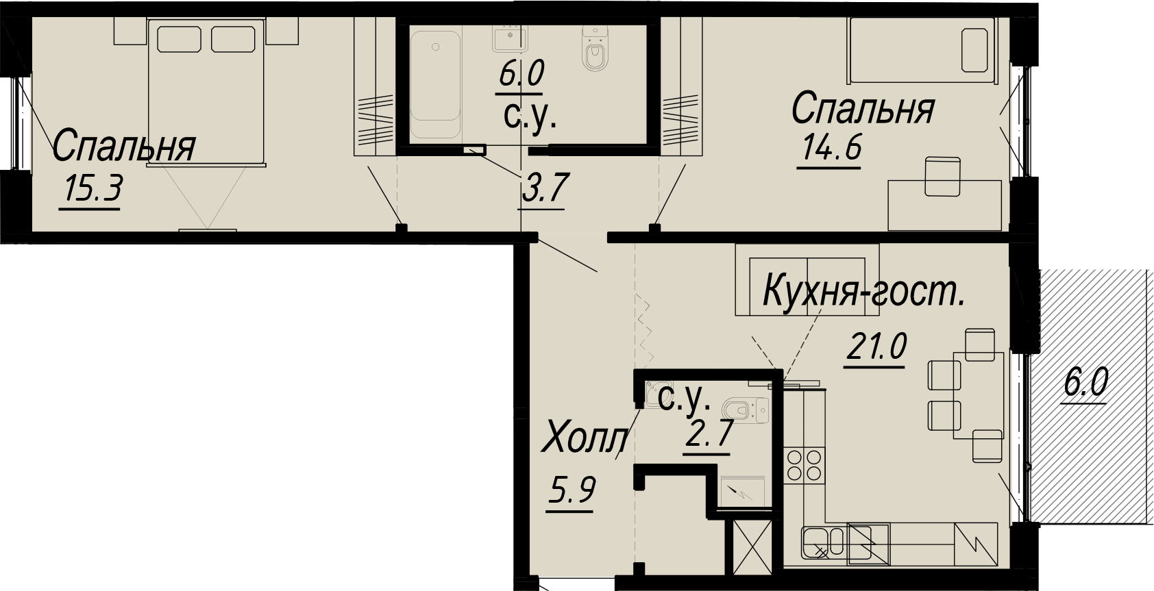 2 комн. квартира, 70 м², 6 этаж 