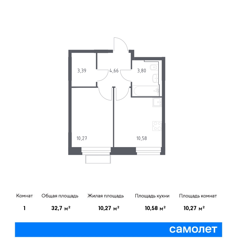 1 комн. квартира, 32.7 м², 17 этаж  (из 24)