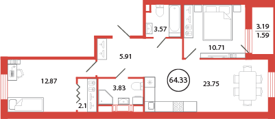 2 комн. квартира, 64.3 м², 3 этаж 