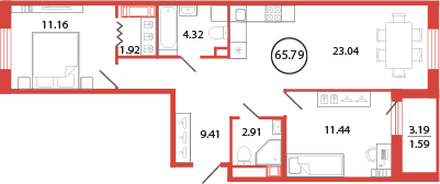 2 комн. квартира, 65.8 м², 3 этаж 