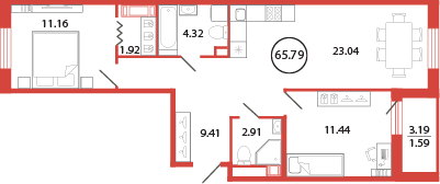 2 комн. квартира, 65.8 м², 5 этаж 