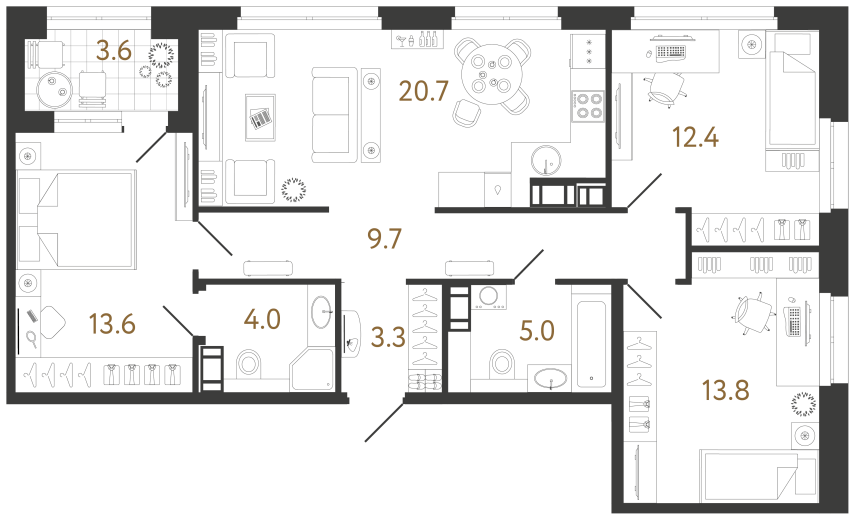 3 комн. квартира, 82.5 м², 13 этаж 