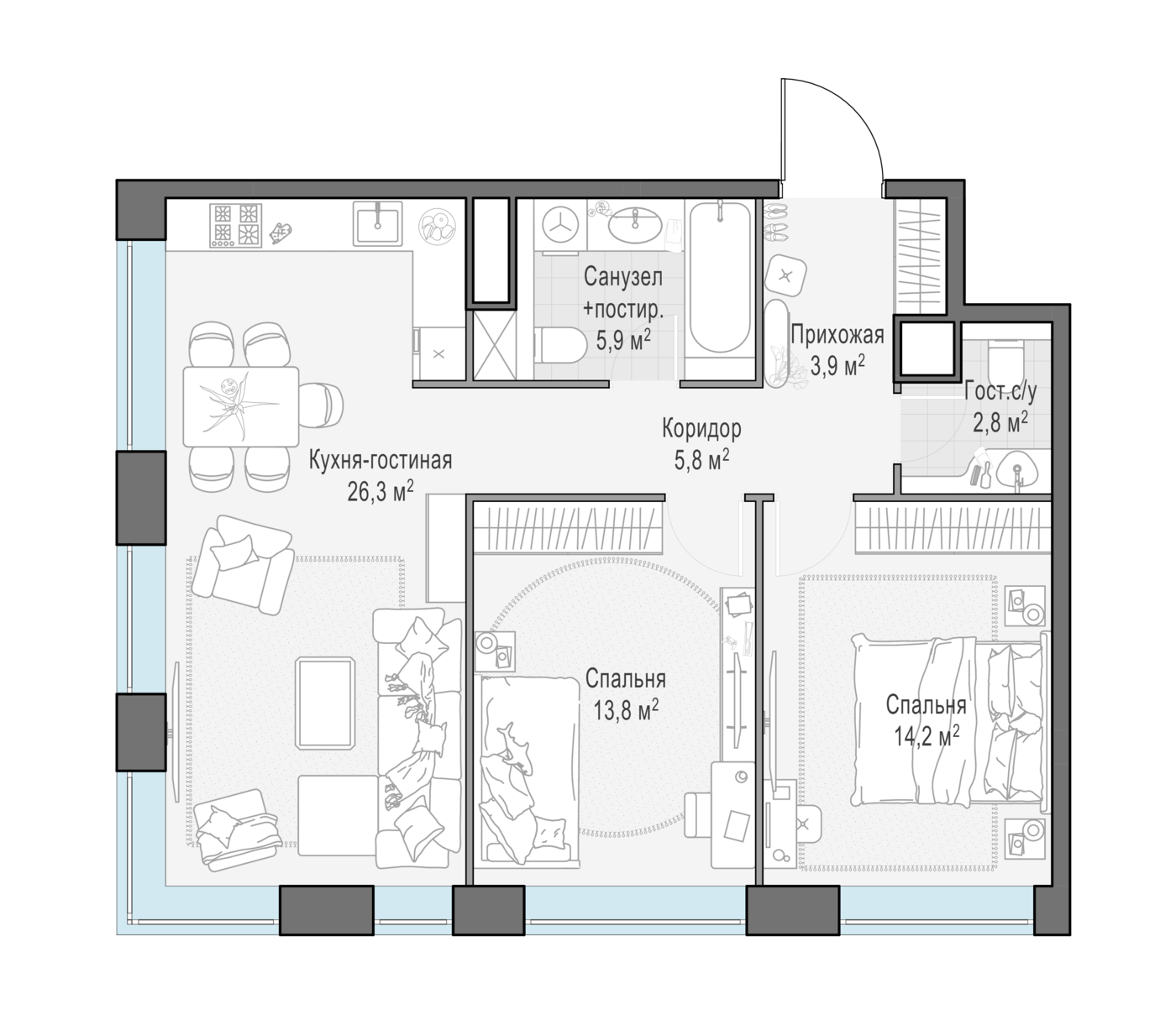 2 комн. квартира, 73.1 м², 12 этаж 