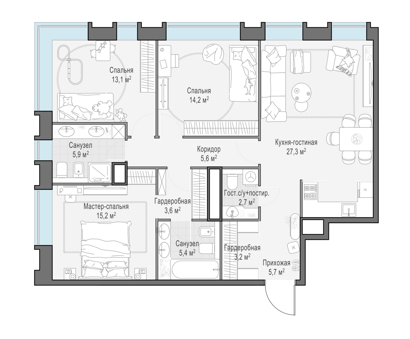 3 комн. квартира, 102.2 м², 5 этаж 