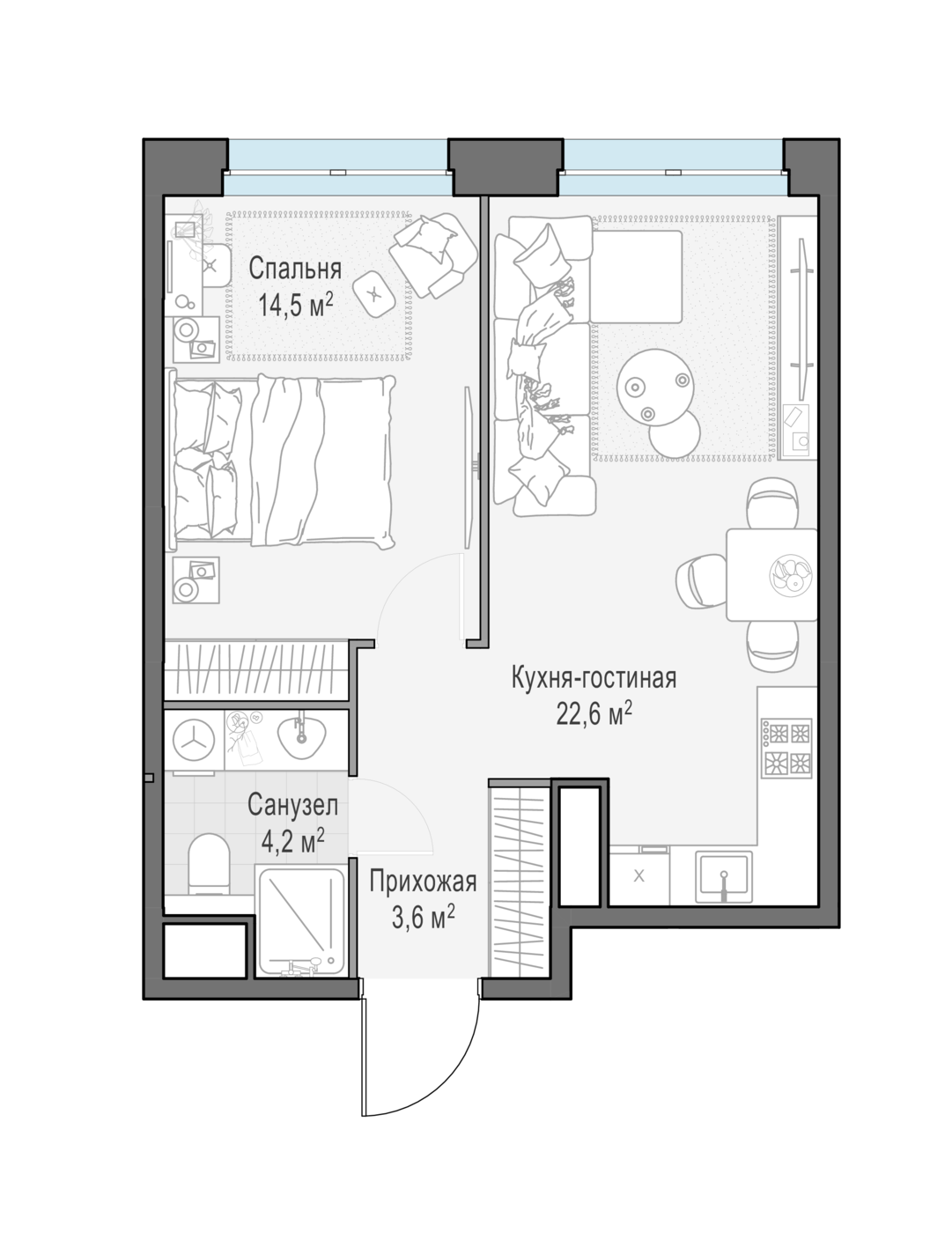 1 комн. квартира, 44.5 м², 12 этаж 
