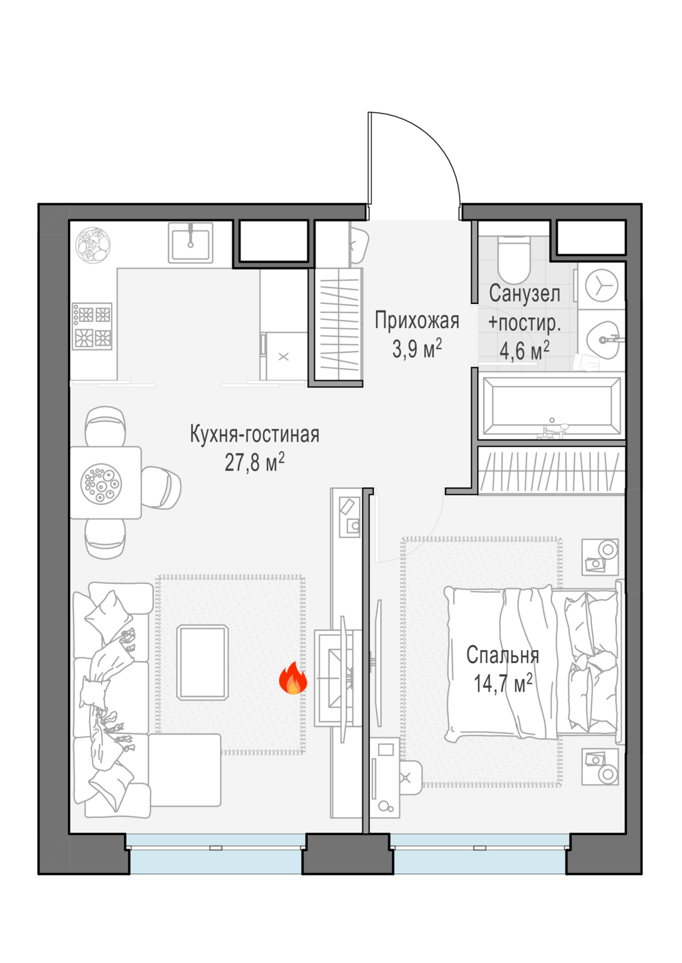 1 комн. квартира, 51.8 м², 13 этаж 