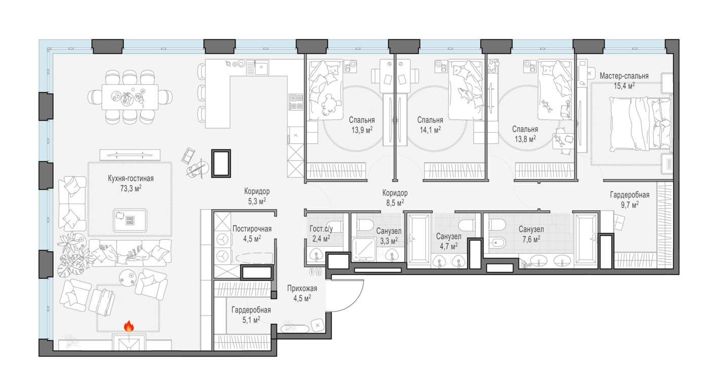 3 комн. квартира, 192.3 м², 13 этаж 