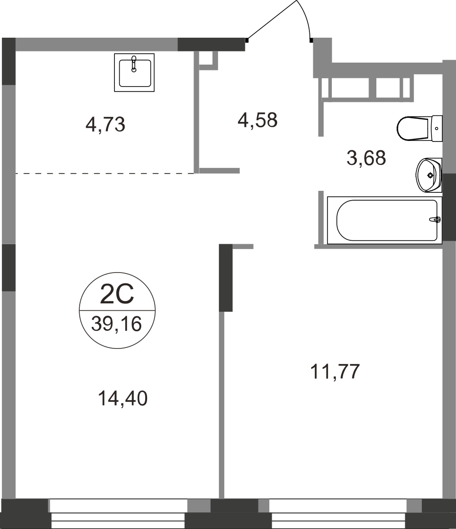 2 комн. квартира, 39.2 м², 9 этаж  (из 22)