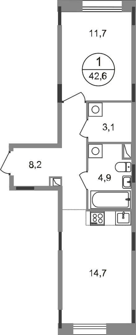 1 комн. квартира, 42.6 м², 1 этаж  (из 9)
