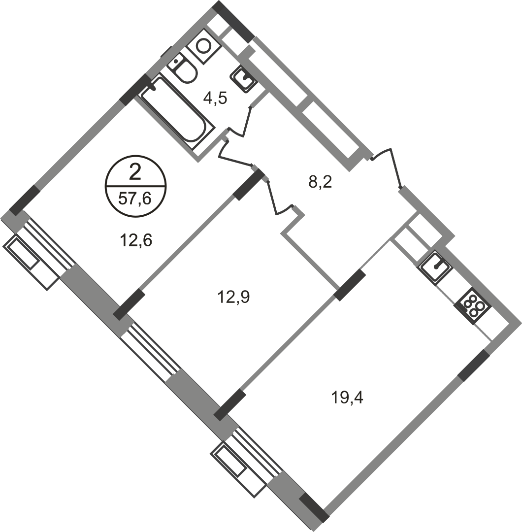 2 комн. квартира, 57.6 м², 9 этаж  (из 9)