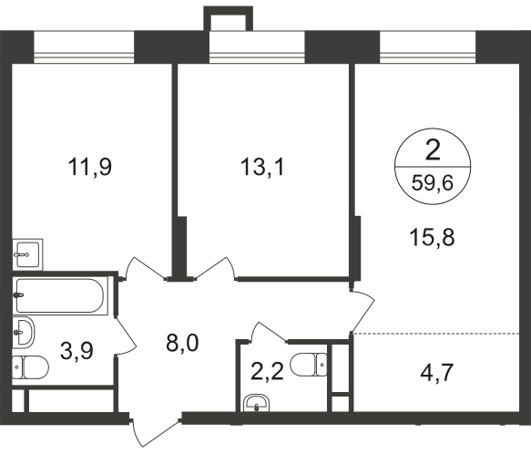 2 комн. квартира, 59.6 м², 6 этаж  (из 21)