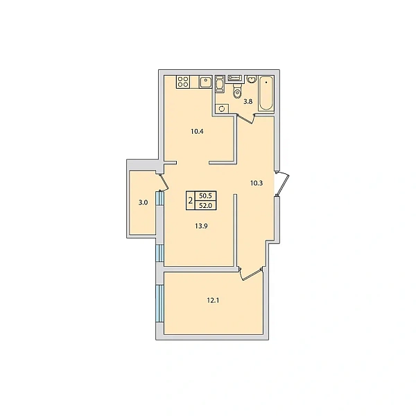2 комн. квартира, 52 м², 9 этаж 