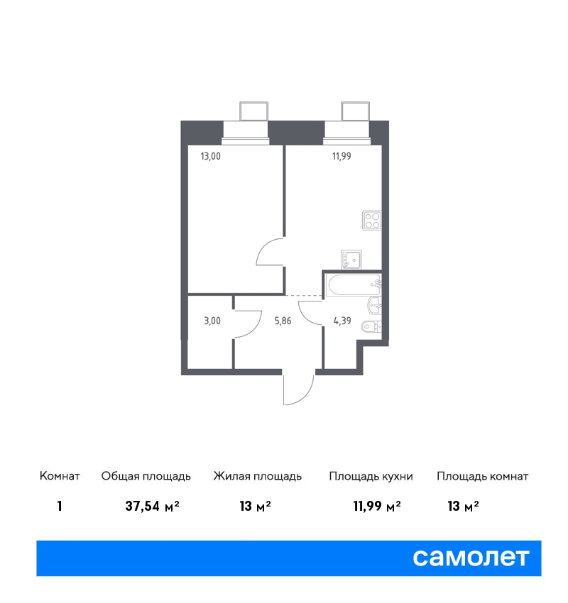 1 комн. квартира, 37.5 м², 19 этаж  (из 23)