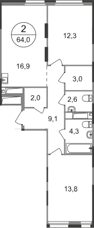 2 комн. квартира, 64 м², 9 этаж  (из 19)