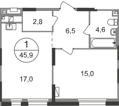 1 комн. квартира, 45.9 м², 2 этаж  (из 19)