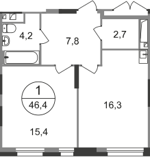 1 комн. квартира, 46.4 м², 10 этаж  (из 19)