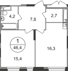 1 комн. квартира, 46.4 м², 5 этаж  (из 19)